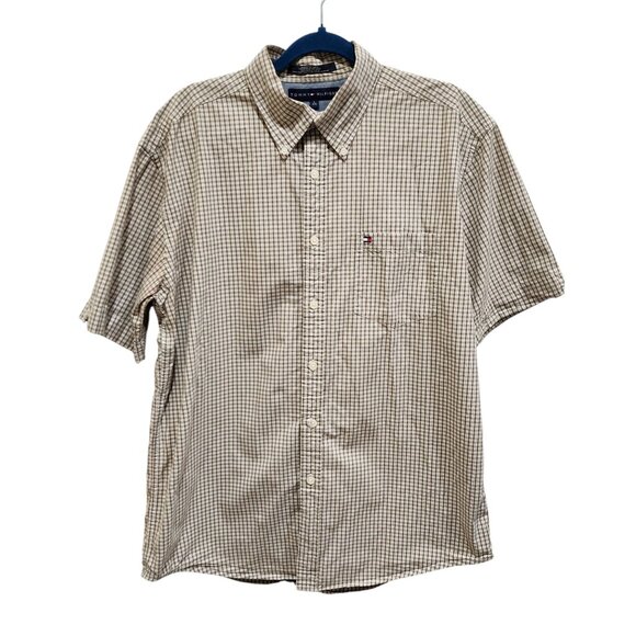 Tommy Hilfiger Men’s XL Brown White Plaid Check Short Sleeve Cotton Button Shirt - Picture 1 of 8